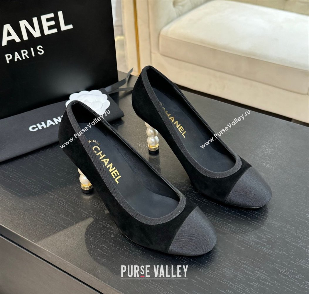 Chanel Suede Grosgrain Pumps 8.5cm with Pearls Heel Black 2025 CH061009 (MD-250610044)