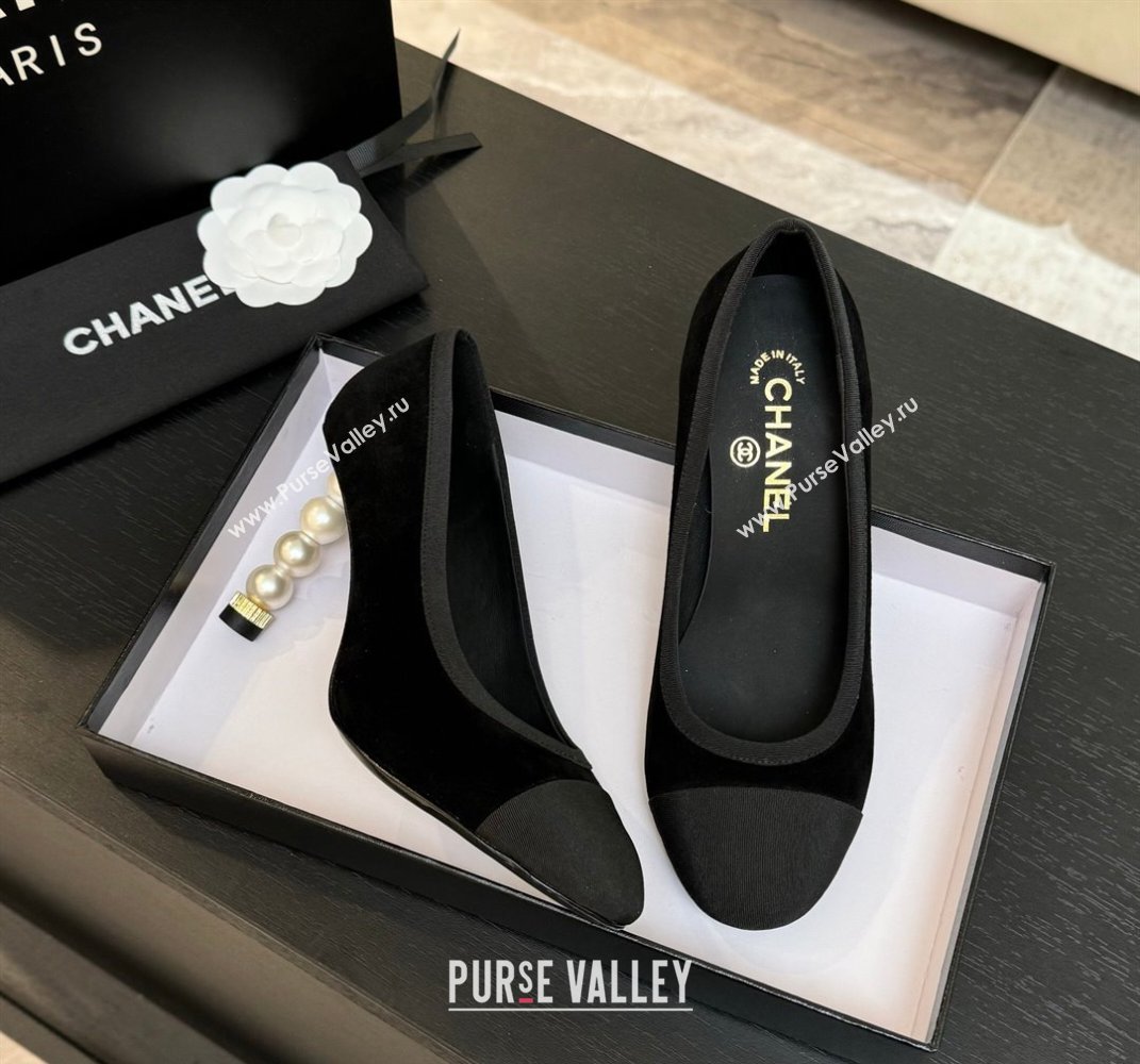 Chanel Suede Grosgrain Pumps 8.5cm with Pearls Heel Black 2025 CH061009 (MD-250610044)