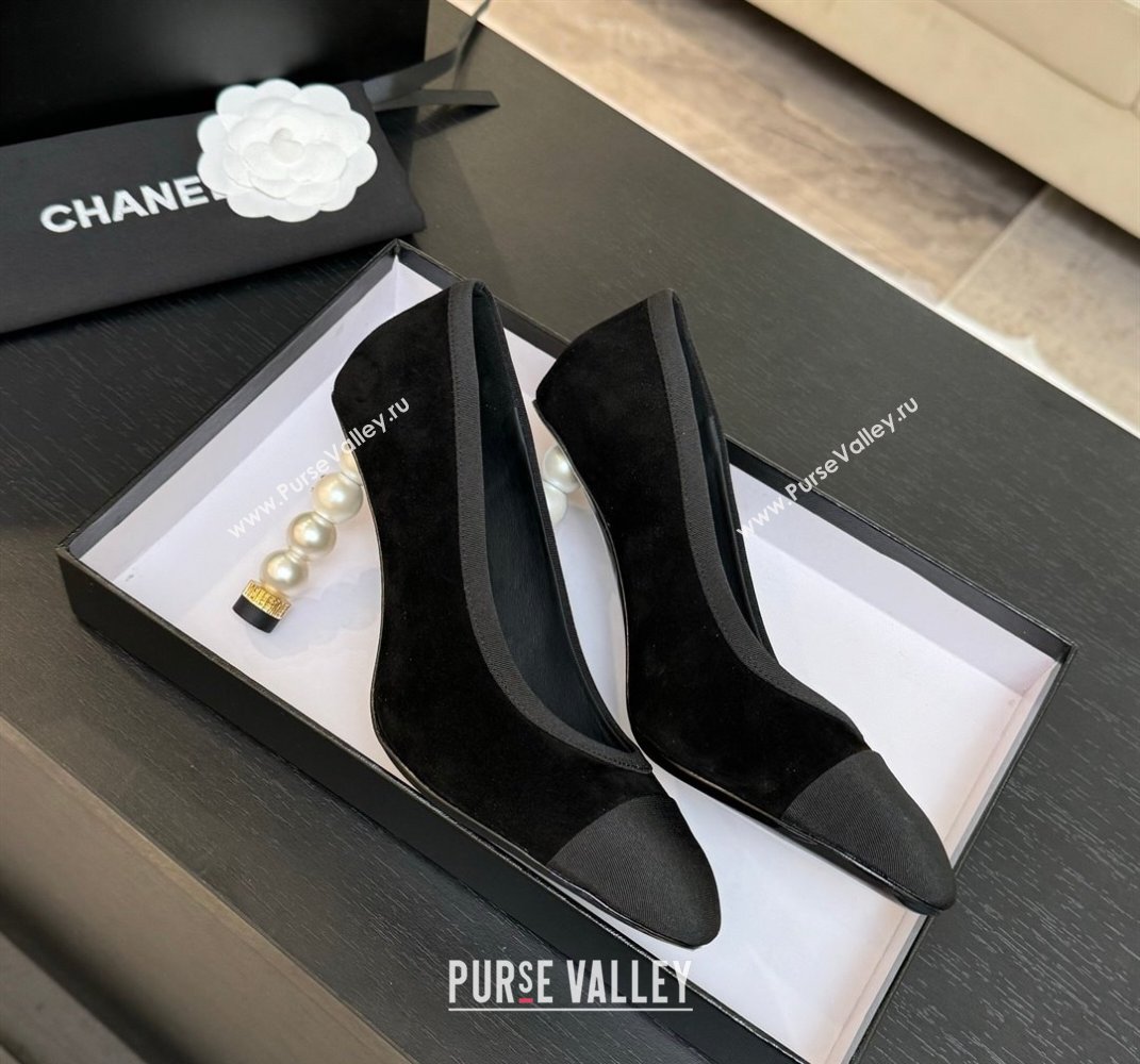 Chanel Suede Grosgrain Pumps 8.5cm with Pearls Heel Black 2025 CH061009 (MD-250610044)