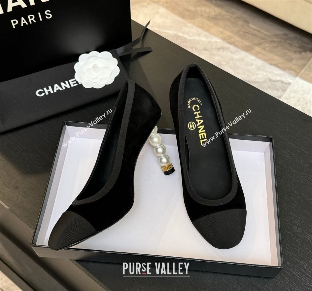 Chanel Suede Grosgrain Pumps 8.5cm with Pearls Heel Black 2025 CH061009 (MD-250610044)