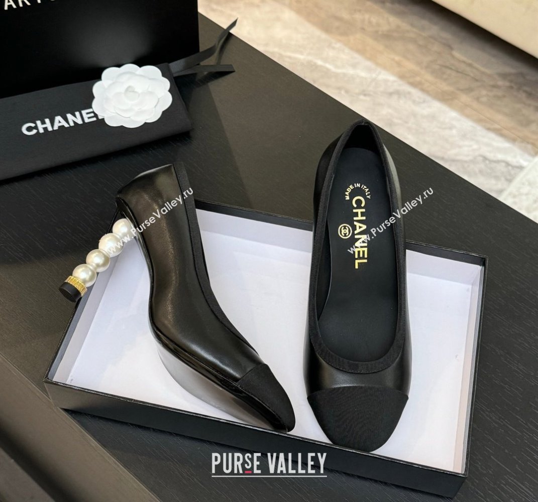 Chanel Calfskin Grosgrain Pumps 8.5cm with Pearls Heel Black 2025 CH061009 (MD-250610045)