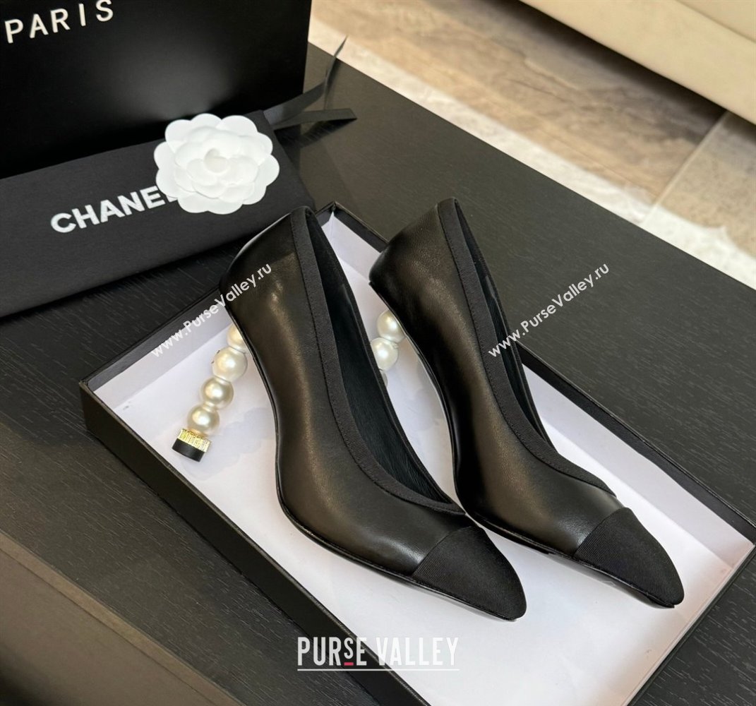 Chanel Calfskin Grosgrain Pumps 8.5cm with Pearls Heel Black 2025 CH061009 (MD-250610045)