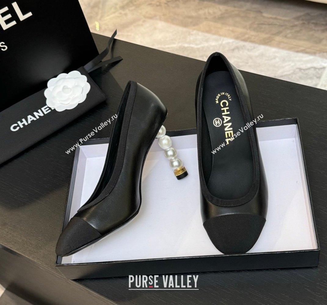 Chanel Calfskin Grosgrain Pumps 8.5cm with Pearls Heel Black 2025 CH061009 (MD-250610045)