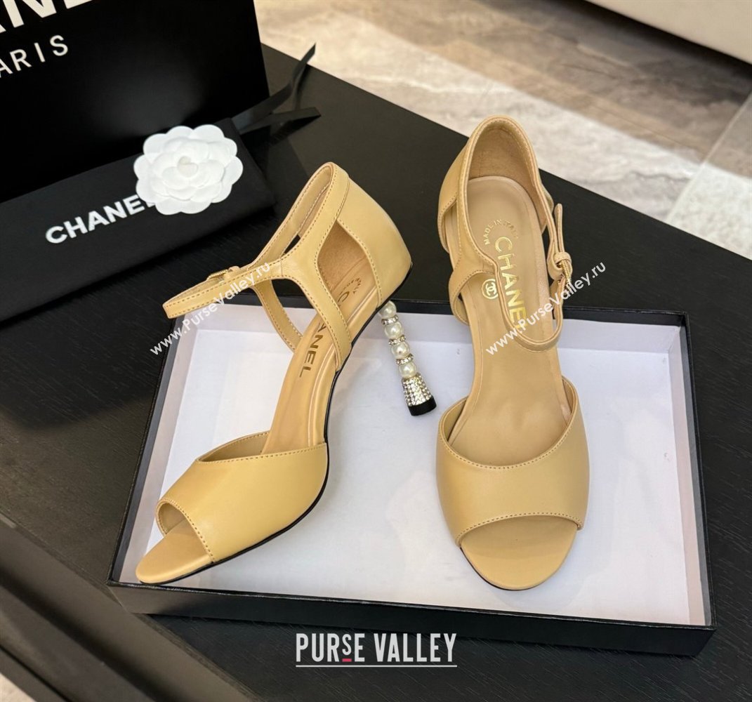 Chanel Calfskin Leather Sandals 8.5cm with Pearls Heel Beige 2025 CH061009 (MD-250610046)