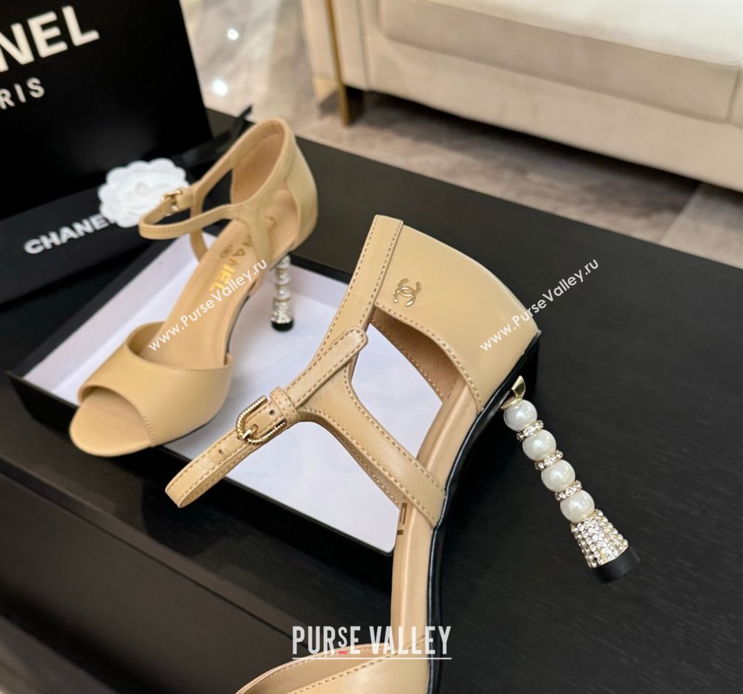 Chanel Calfskin Leather Sandals 8.5cm with Pearls Heel Beige 2025 CH061009 (MD-250610046)