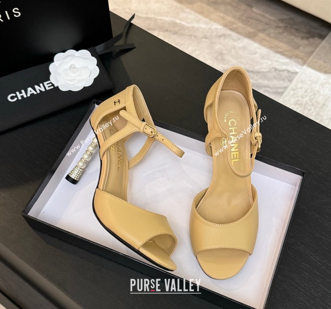 Chanel Calfskin Leather Sandals 8.5cm with Pearls Heel Beige 2025 CH061009 (MD-250610046)