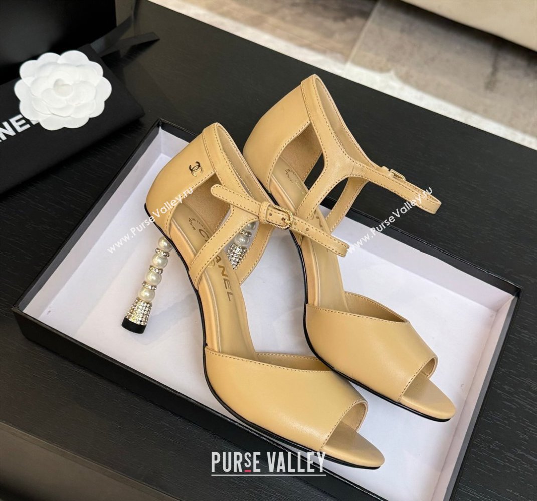 Chanel Calfskin Leather Sandals 8.5cm with Pearls Heel Beige 2025 CH061009 (MD-250610046)