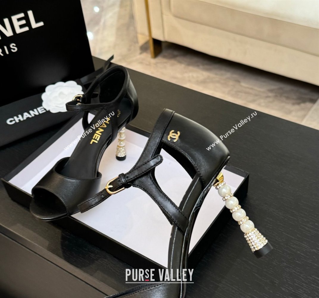 Chanel Calfskin Leather Sandals 8.5cm with Pearls Heel Black 2025 CH061009 (MD-250610049)