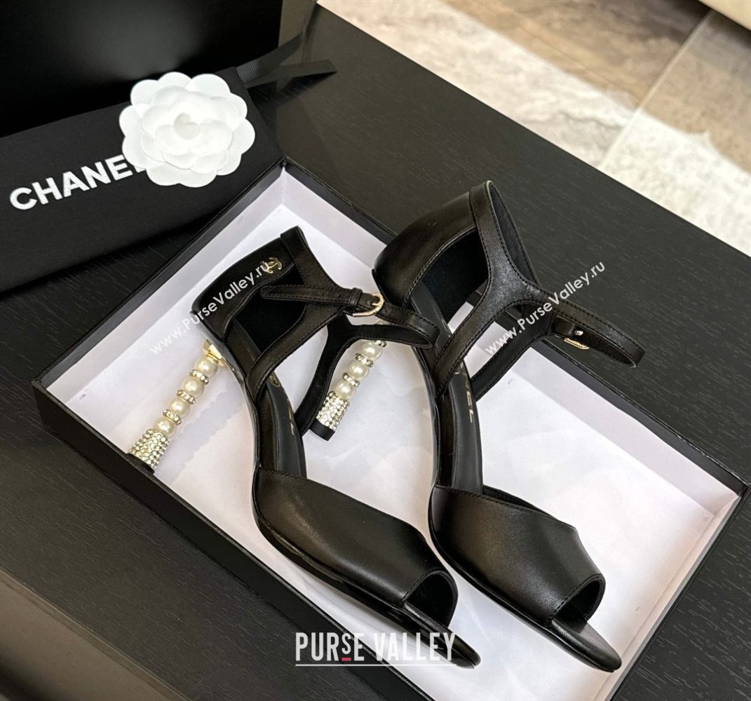 Chanel Calfskin Leather Sandals 8.5cm with Pearls Heel Black 2025 CH061009 (MD-250610049)