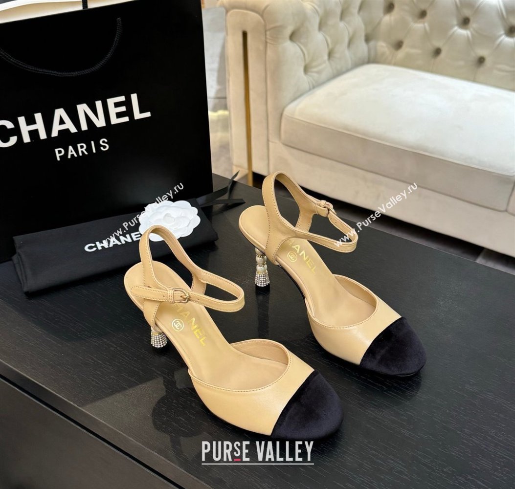 Chanel Calfskin Suede Sandals 8.5cm with Pearls Heel Beige 2025 CH061009 (MD-250610050)