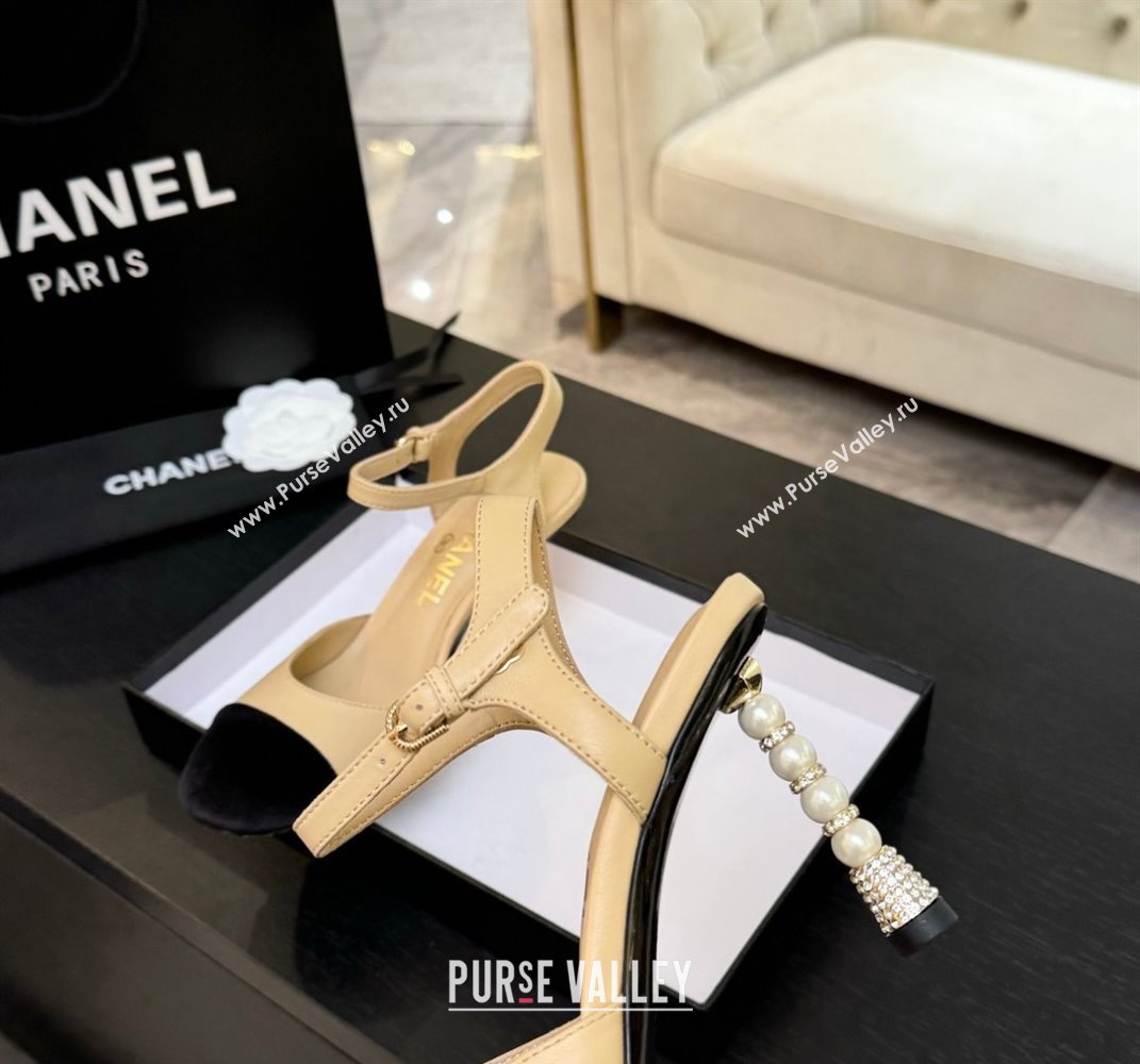 Chanel Calfskin Suede Sandals 8.5cm with Pearls Heel Beige 2025 CH061009 (MD-250610050)