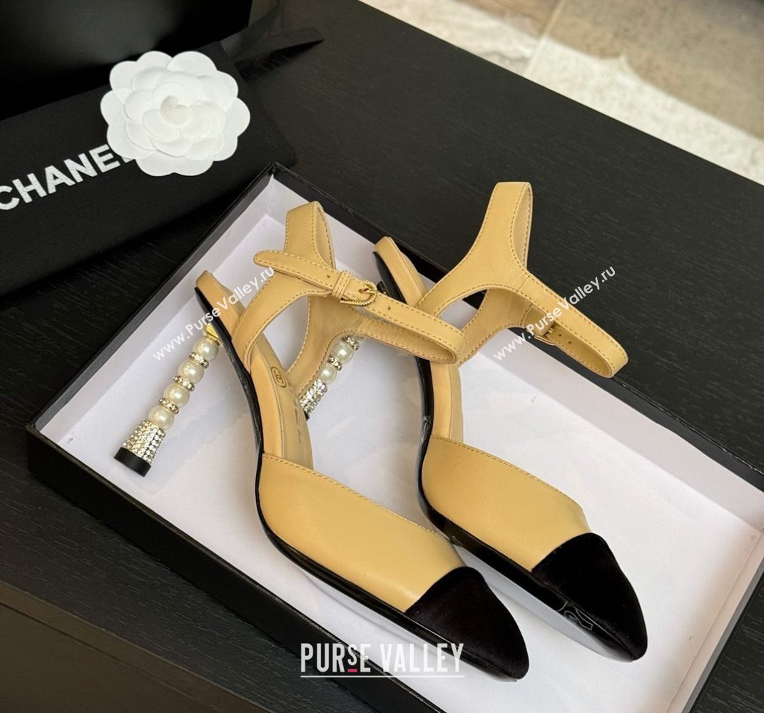 Chanel Calfskin Suede Sandals 8.5cm with Pearls Heel Beige 2025 CH061009 (MD-250610050)