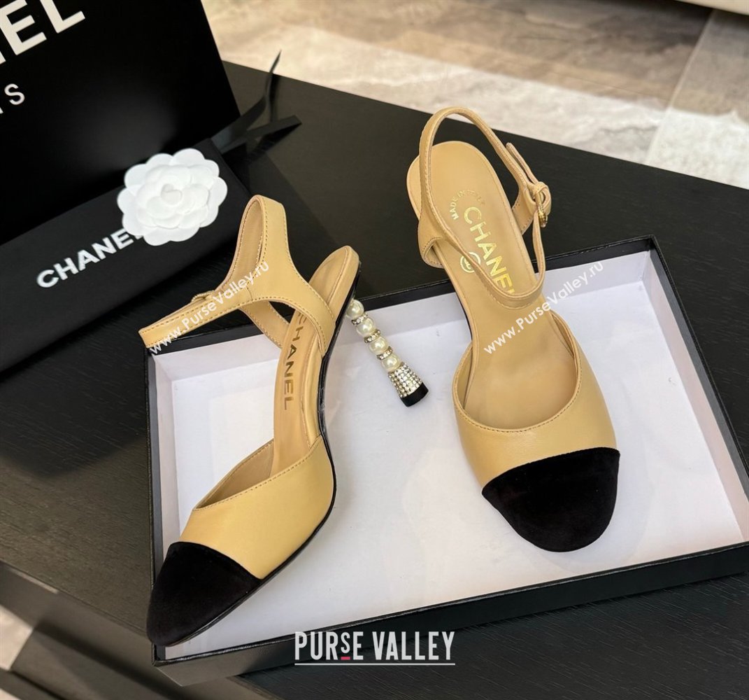 Chanel Calfskin Suede Sandals 8.5cm with Pearls Heel Beige 2025 CH061009 (MD-250610050)