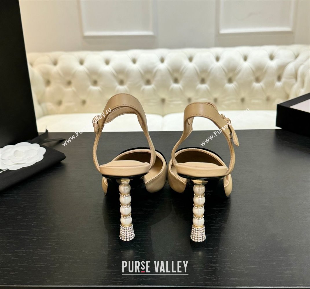 Chanel Calfskin Suede Sandals 8.5cm with Pearls Heel Beige 2025 CH061009 (MD-250610050)