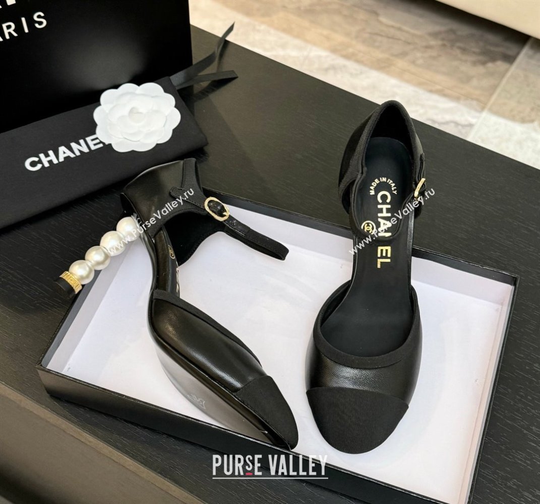 Chanel Calfskin Grosgrain Sandals 8.5cm with Pearls Heel Black 2025 CH061009 (MD-250610052)