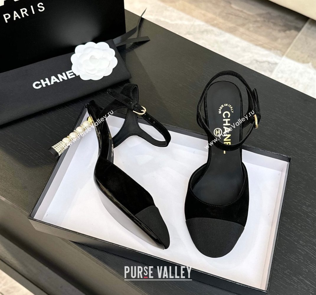 Chanel Suede Grosgrain Sandals 8.5cm with Pearls Heel Black 2025 CH061009 (MD-250610053)