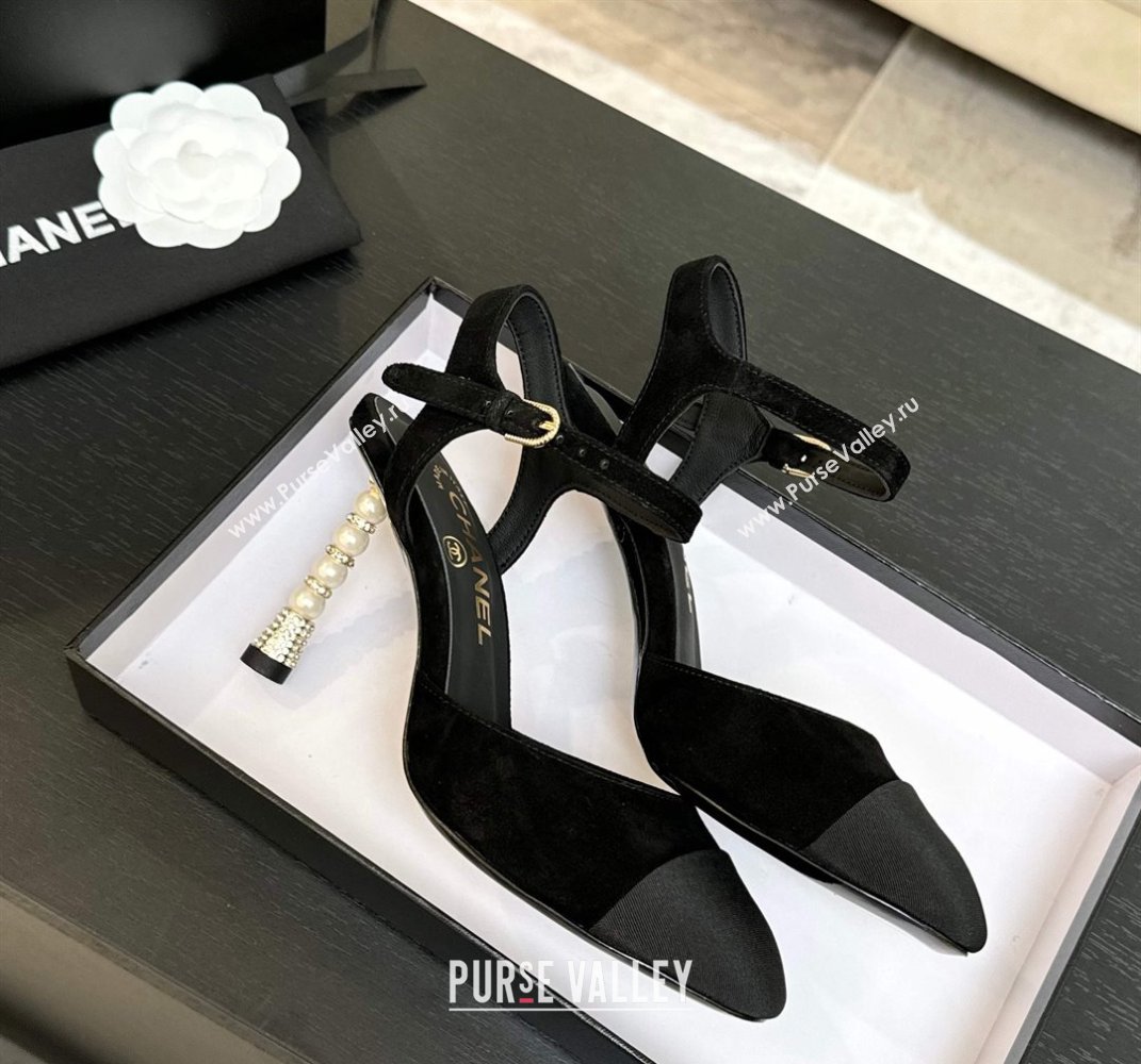 Chanel Suede Grosgrain Sandals 8.5cm with Pearls Heel Black 2025 CH061009 (MD-250610053)