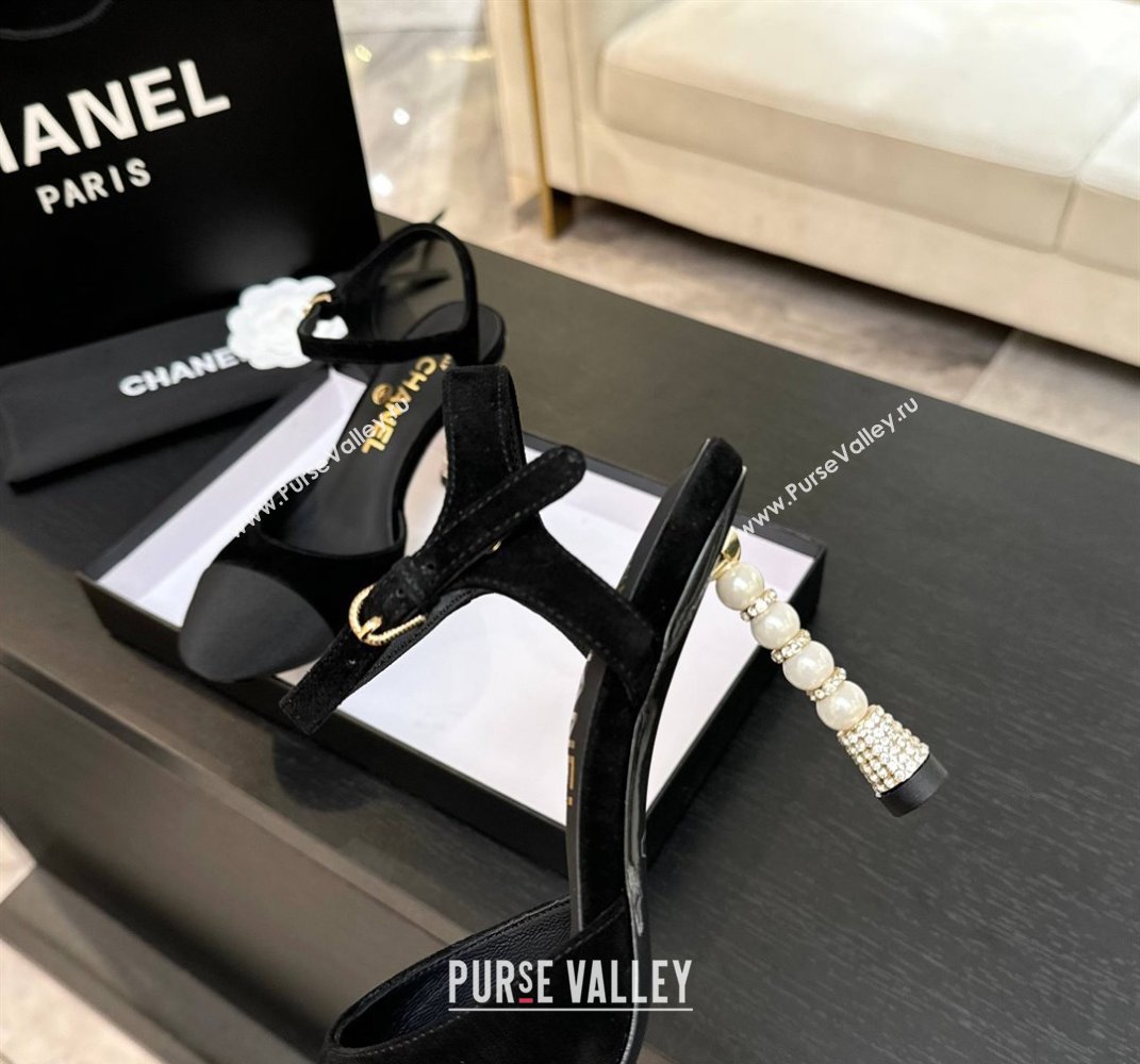 Chanel Suede Grosgrain Sandals 8.5cm with Pearls Heel Black 2025 CH061009 (MD-250610053)