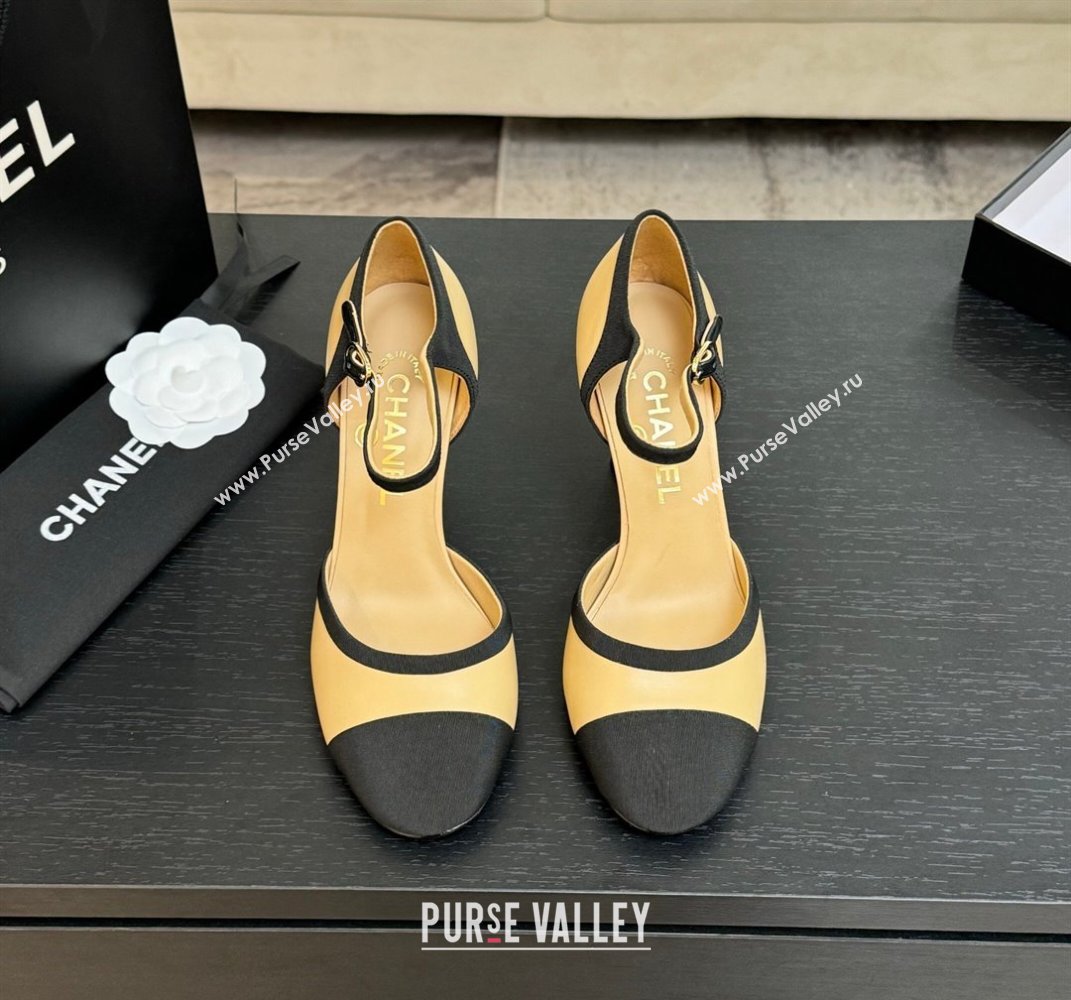 Chanel Calfskin Grosgrain Mary Janes Pump 8.5cm with Pearls Heel Beige 2025 CH061009 (MD-250610054)