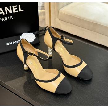 Chanel Calfskin Grosgrain Mary Janes Pump 8.5cm with Pearls Heel Beige 2025 CH061009 (MD-250610054)