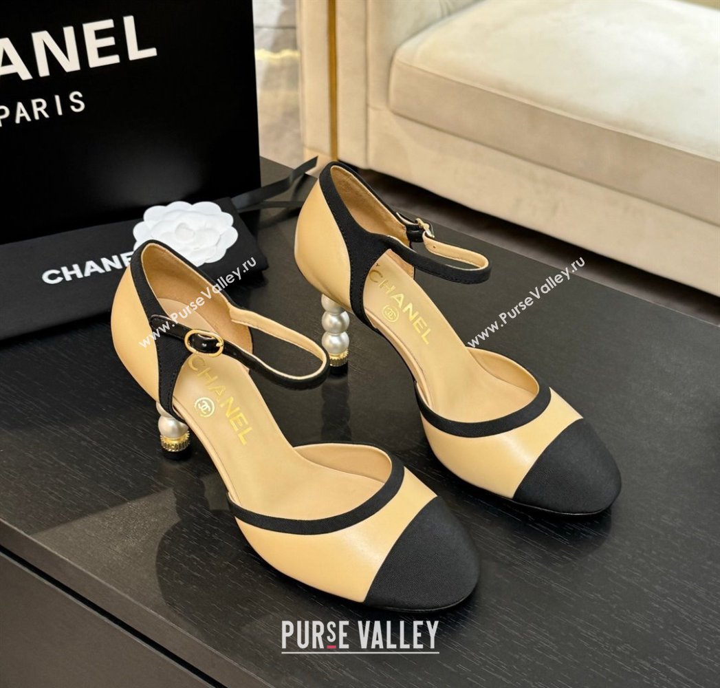 Chanel Calfskin Grosgrain Mary Janes Pump 8.5cm with Pearls Heel Beige 2025 CH061009 (MD-250610054)