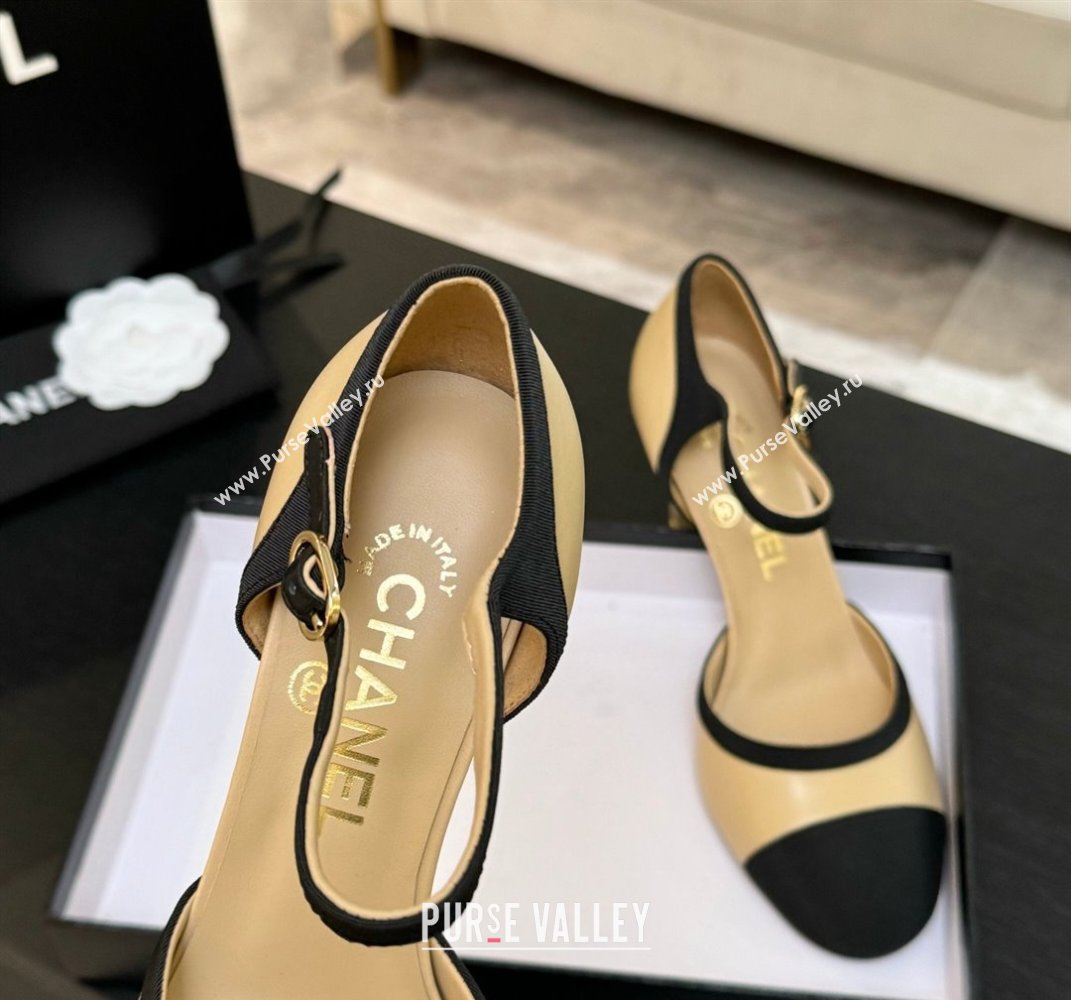 Chanel Calfskin Grosgrain Mary Janes Pump 8.5cm with Pearls Heel Beige 2025 CH061009 (MD-250610054)