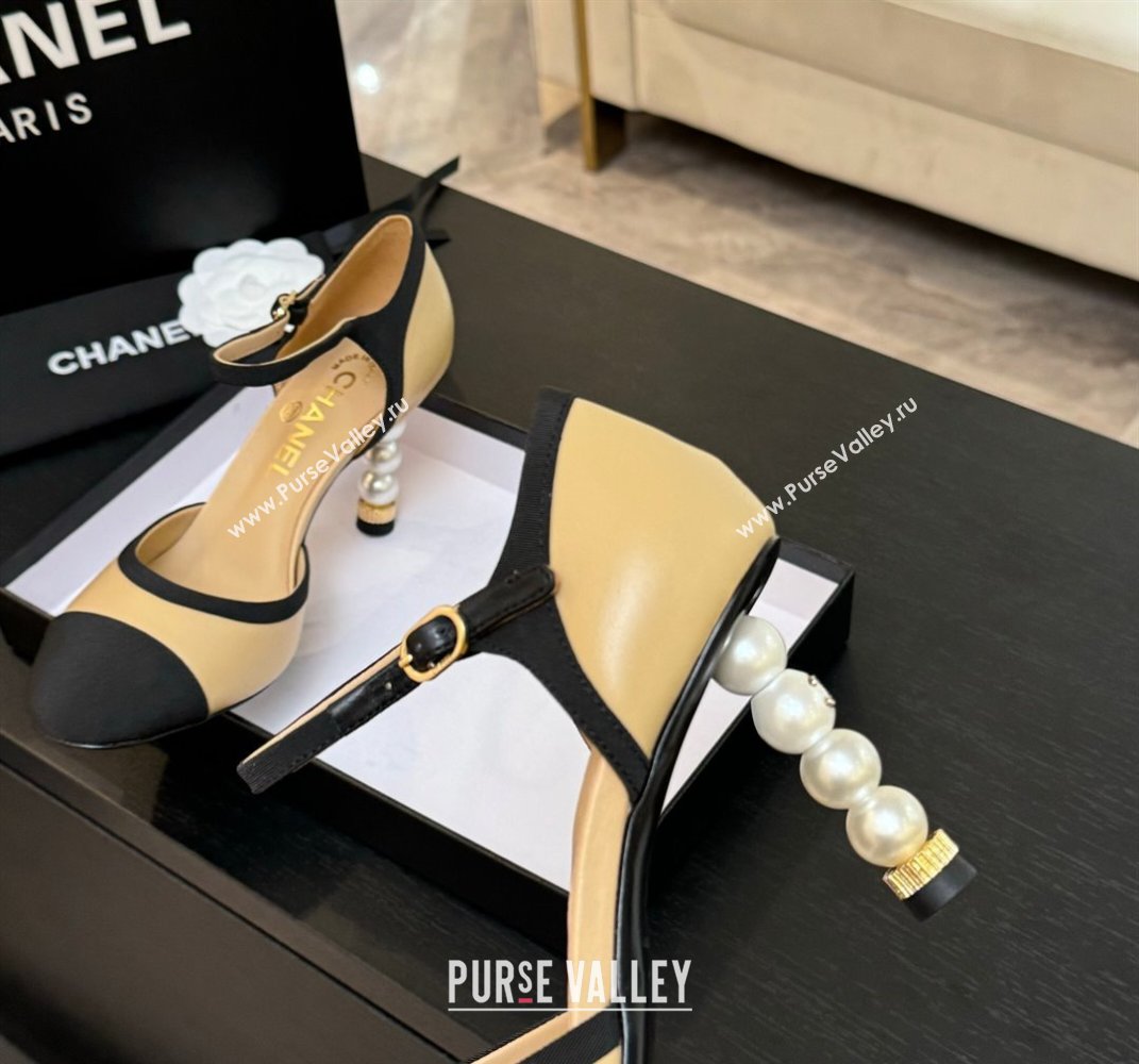 Chanel Calfskin Grosgrain Mary Janes Pump 8.5cm with Pearls Heel Beige 2025 CH061009 (MD-250610054)