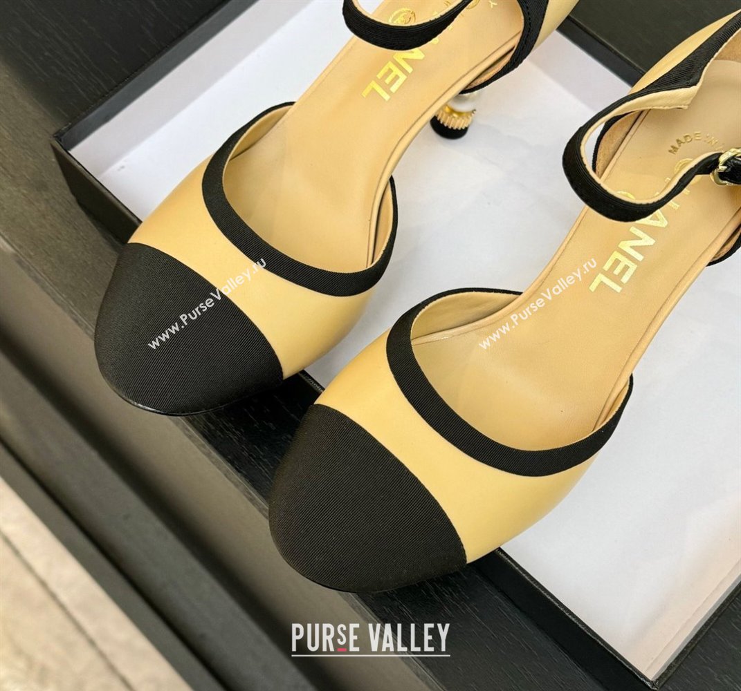 Chanel Calfskin Grosgrain Mary Janes Pump 8.5cm with Pearls Heel Beige 2025 CH061009 (MD-250610054)
