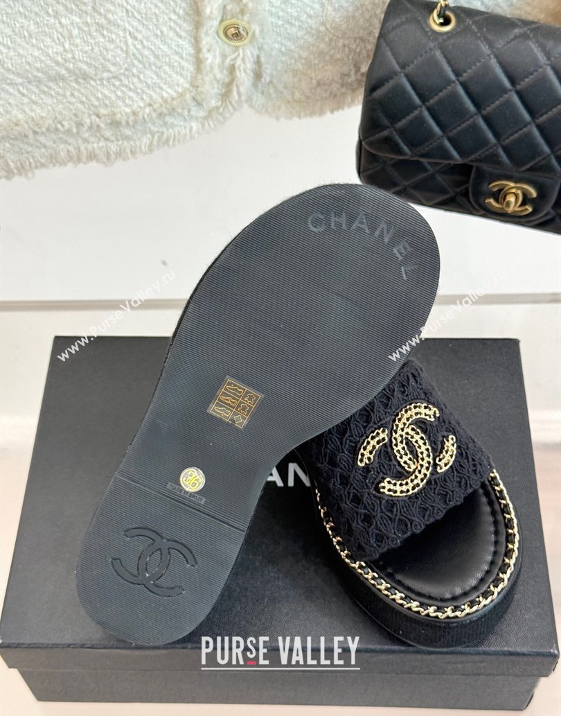 Chanel Knit Wedge Slides Sandal with Chain Black 2025 CH061001 (MD-250610001)