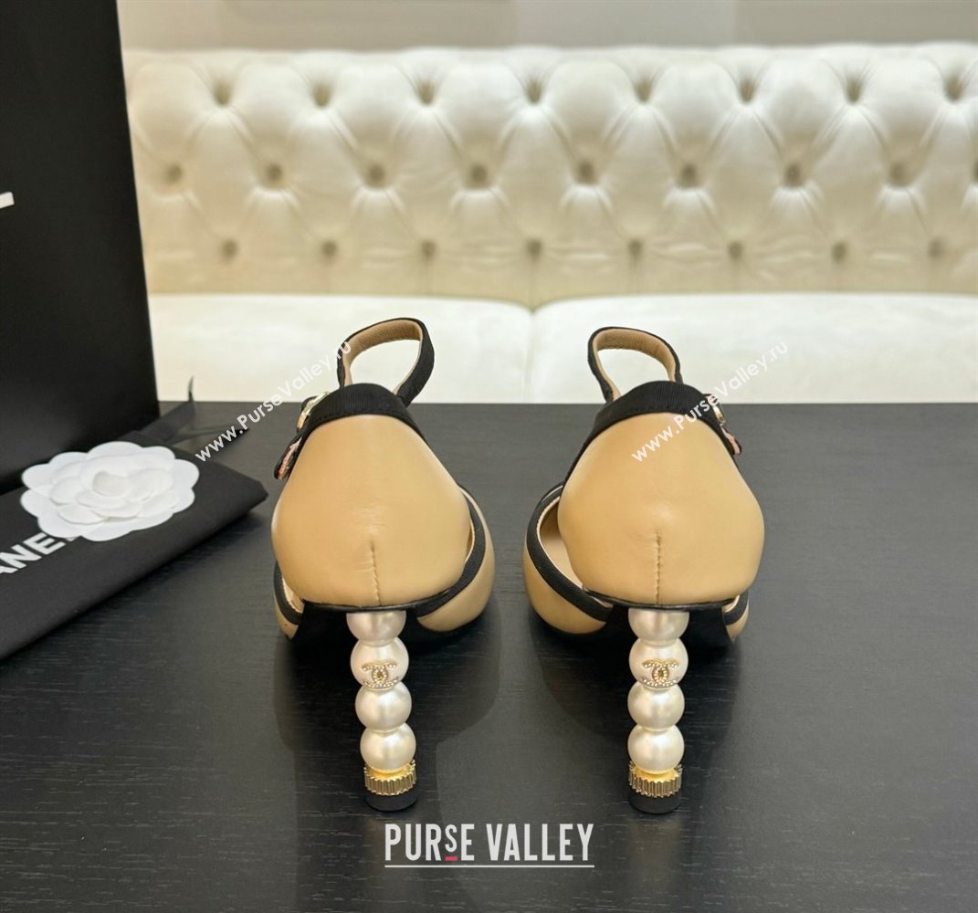 Chanel Calfskin Grosgrain Mary Janes Pump 8.5cm with Pearls Heel Beige 2025 CH061009 (MD-250610054)