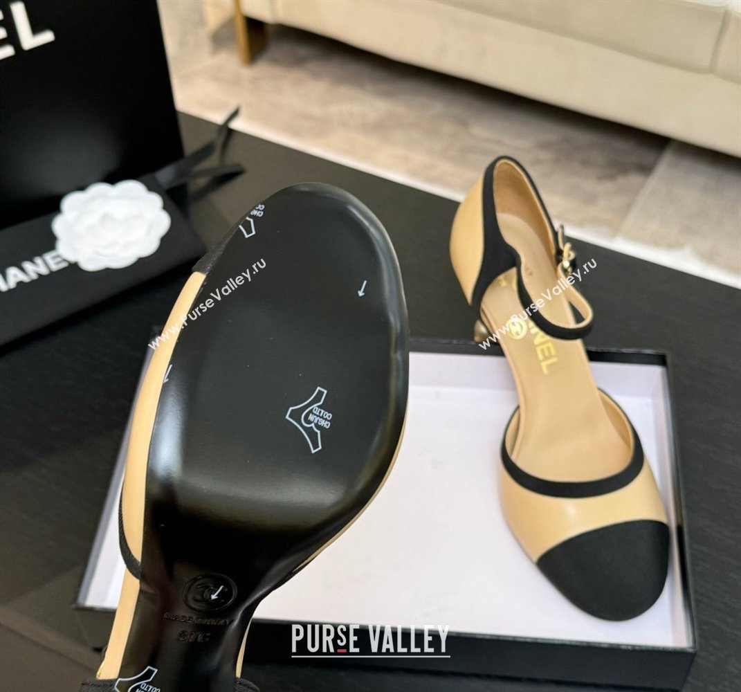 Chanel Calfskin Grosgrain Mary Janes Pump 8.5cm with Pearls Heel Beige 2025 CH061009 (MD-250610054)