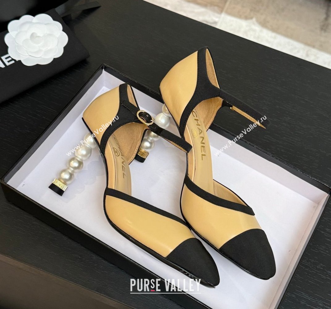 Chanel Calfskin Grosgrain Mary Janes Pump 8.5cm with Pearls Heel Beige 2025 CH061009 (MD-250610054)