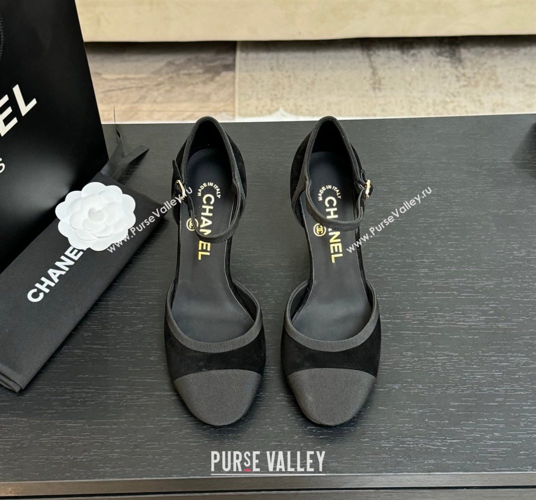 Chanel Suede Grosgrain Mary Janes Pump 8.5cm with Pearls Heel Black 2025 CH061009 (MD-250610056)