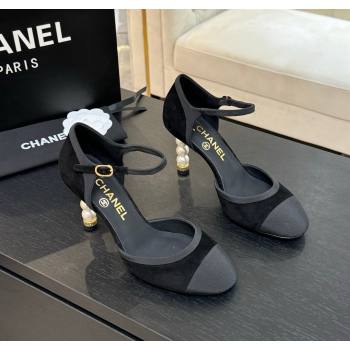 Chanel Suede Grosgrain Mary Janes Pump 8.5cm with Pearls Heel Black 2025 CH061009 (MD-250610056)