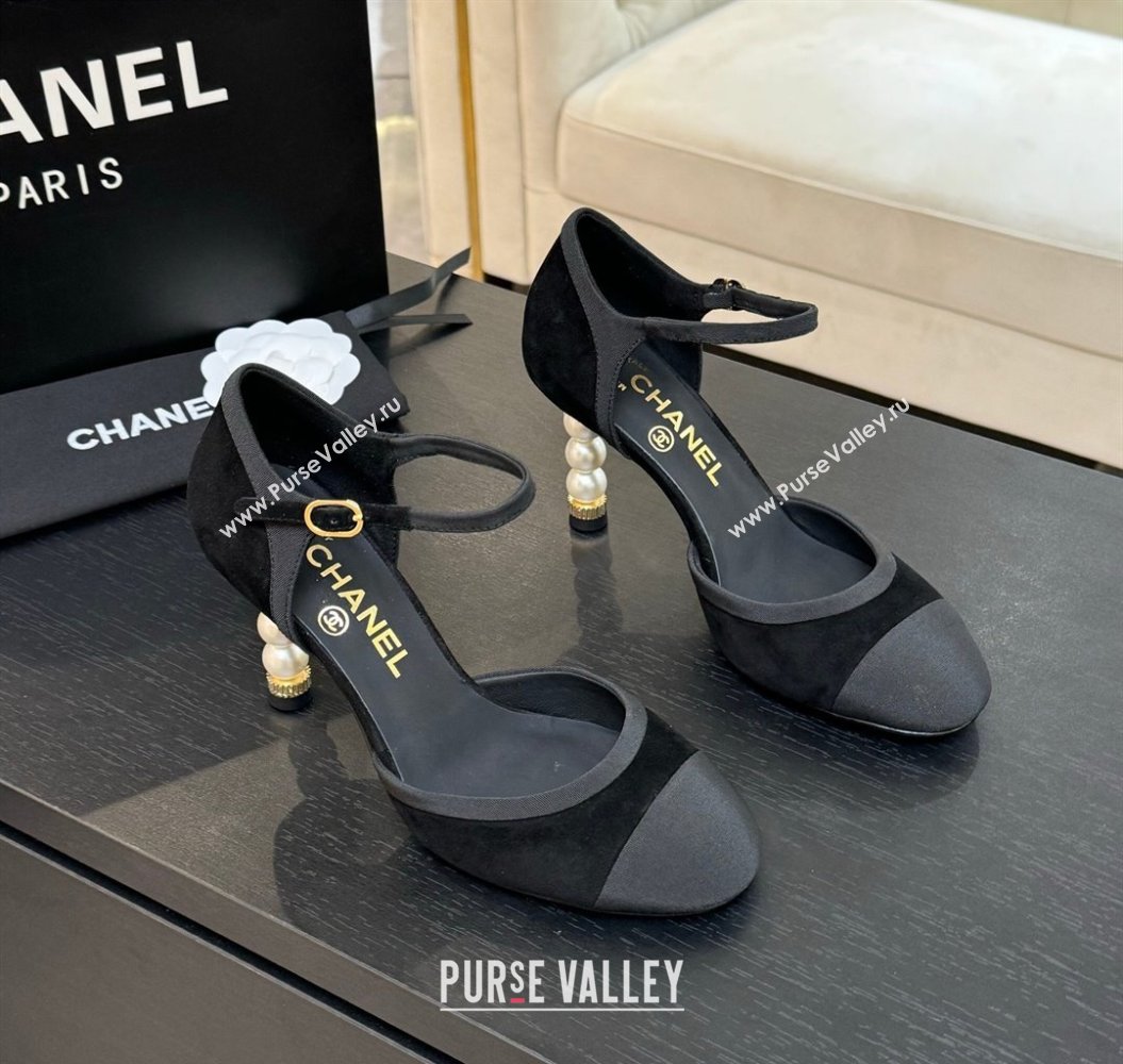 Chanel Suede Grosgrain Mary Janes Pump 8.5cm with Pearls Heel Black 2025 CH061009 (MD-250610056)