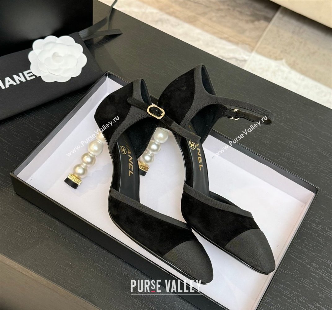 Chanel Suede Grosgrain Mary Janes Pump 8.5cm with Pearls Heel Black 2025 CH061009 (MD-250610056)