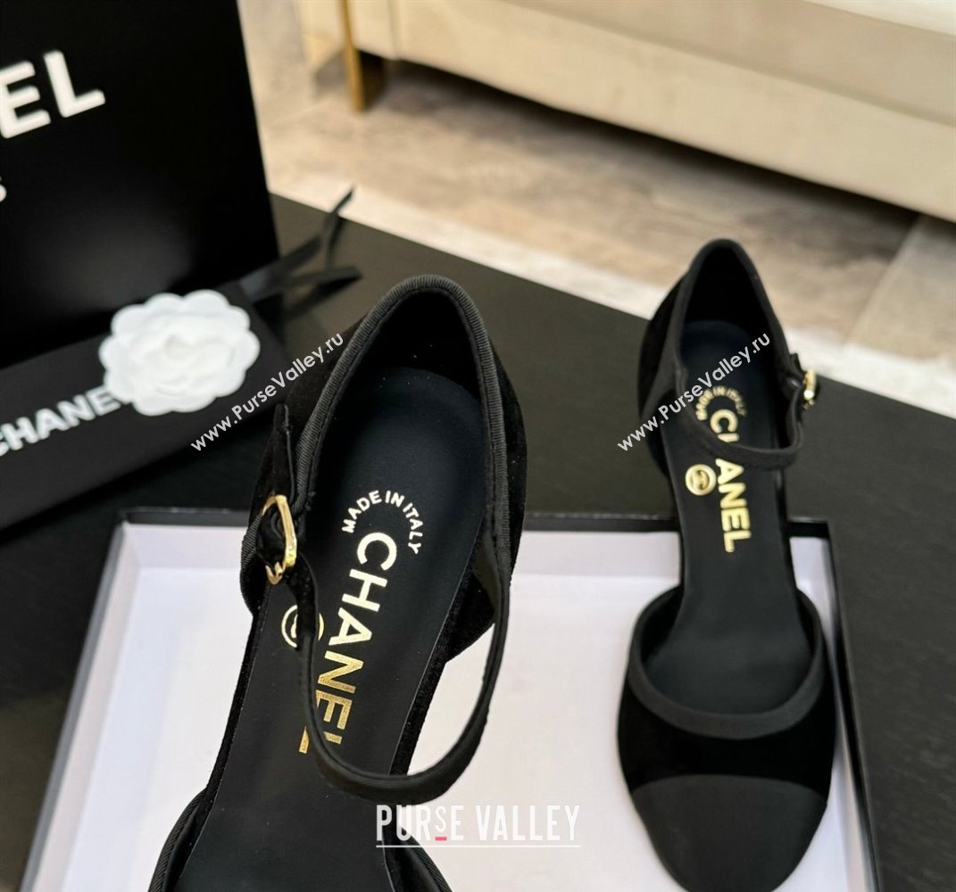 Chanel Suede Grosgrain Mary Janes Pump 8.5cm with Pearls Heel Black 2025 CH061009 (MD-250610056)