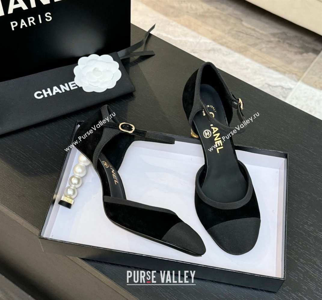 Chanel Suede Grosgrain Mary Janes Pump 8.5cm with Pearls Heel Black 2025 CH061009 (MD-250610056)