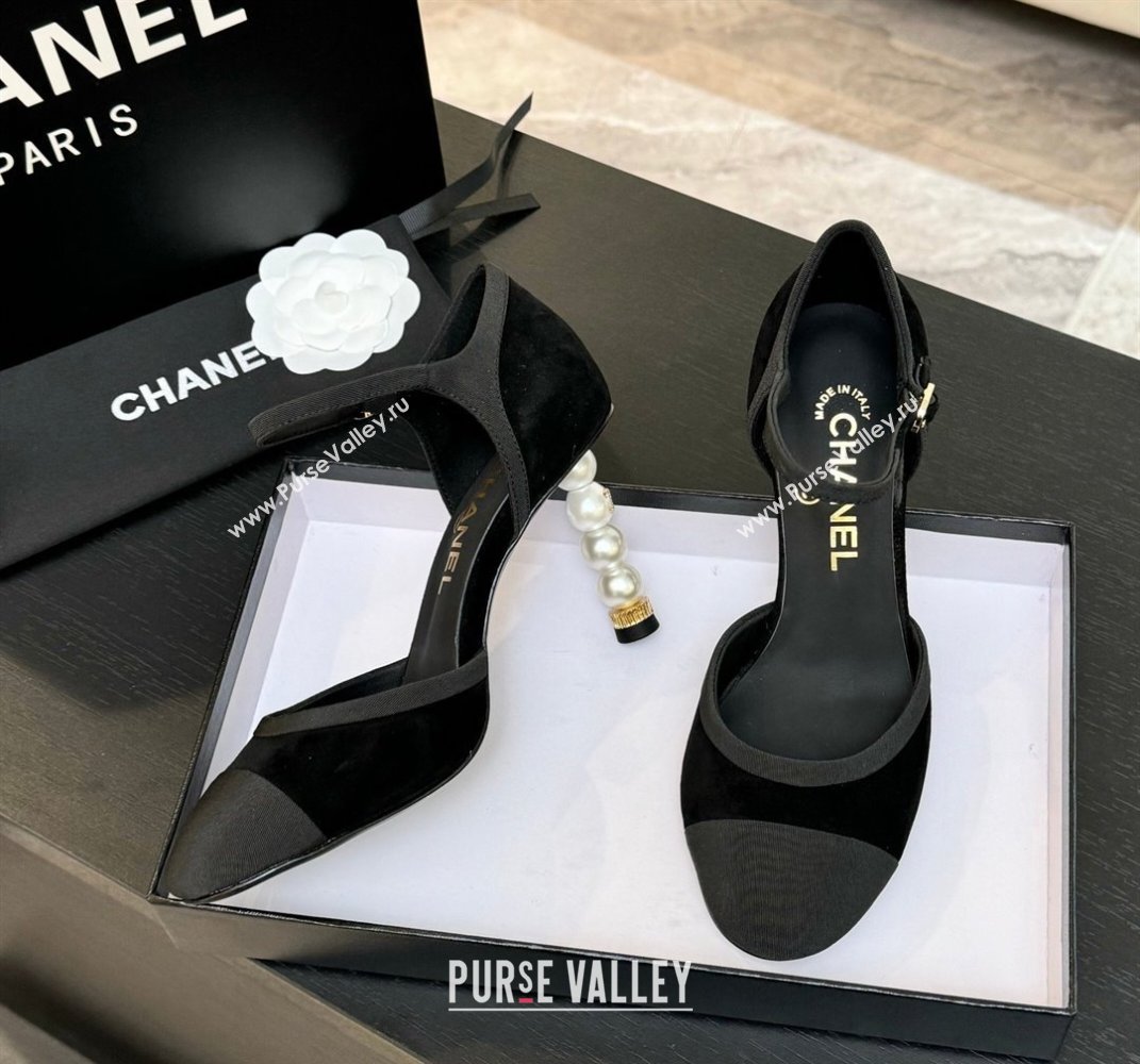 Chanel Suede Grosgrain Mary Janes Pump 8.5cm with Pearls Heel Black 2025 CH061009 (MD-250610056)
