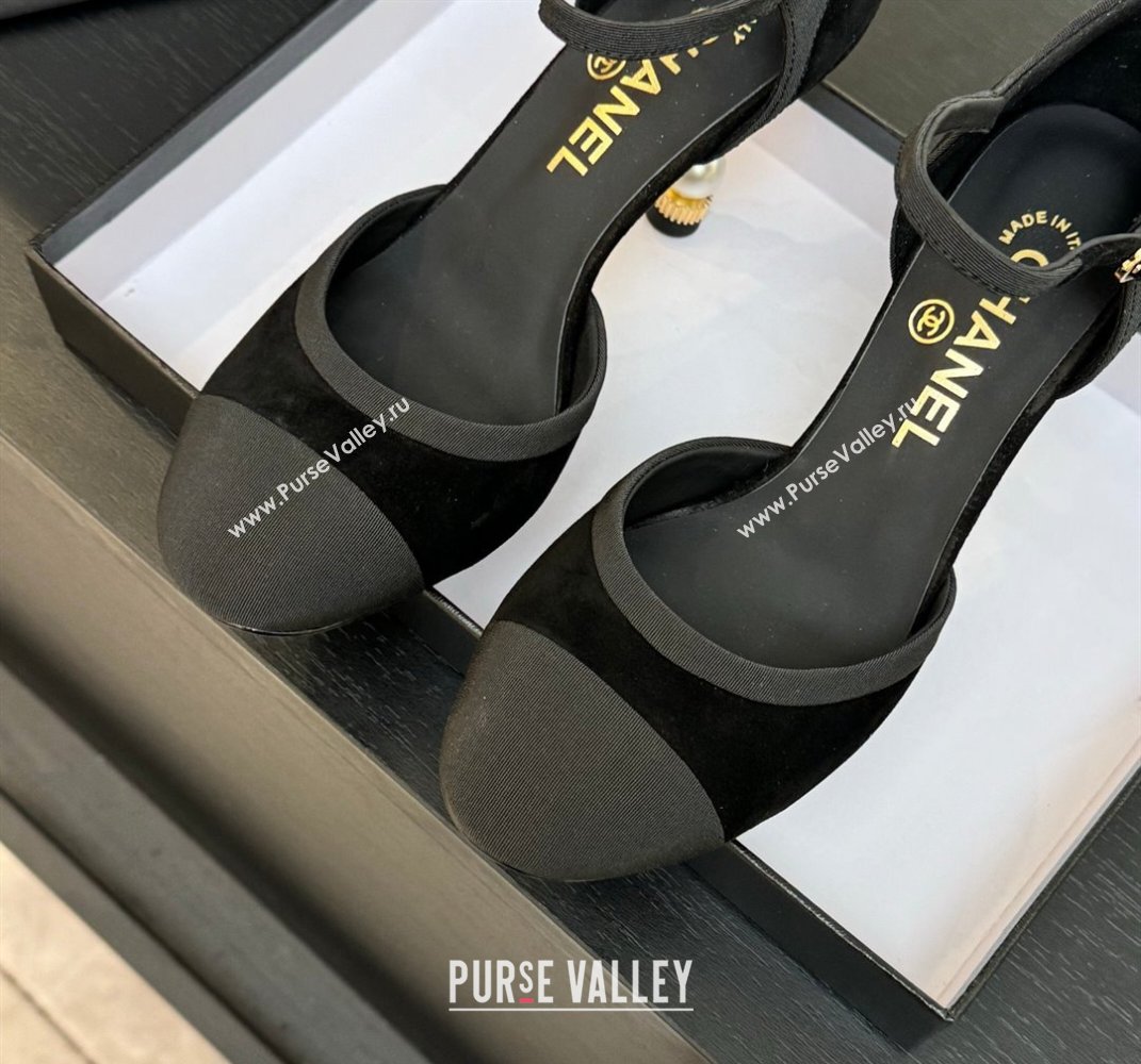 Chanel Suede Grosgrain Mary Janes Pump 8.5cm with Pearls Heel Black 2025 CH061009 (MD-250610056)