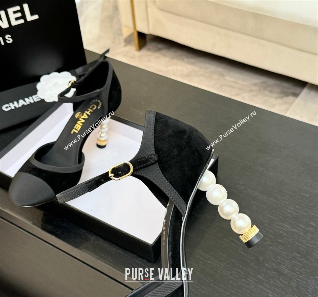Chanel Suede Grosgrain Mary Janes Pump 8.5cm with Pearls Heel Black 2025 CH061009 (MD-250610056)