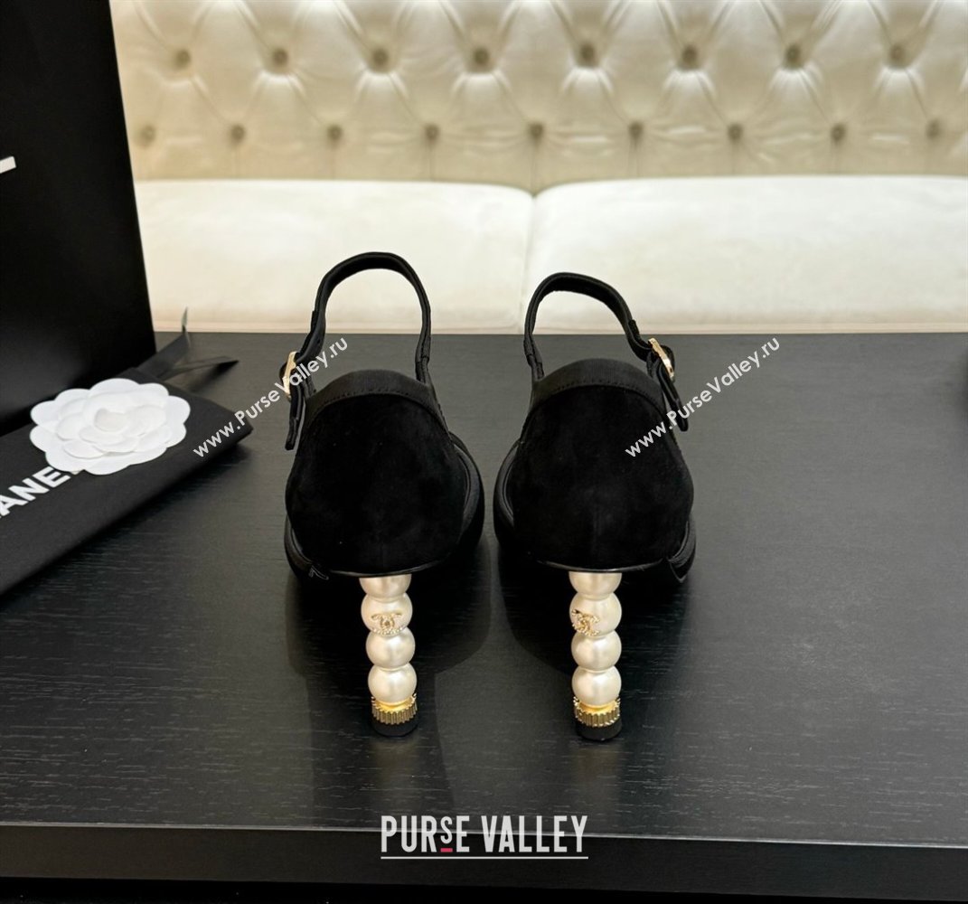 Chanel Suede Grosgrain Mary Janes Pump 8.5cm with Pearls Heel Black 2025 CH061009 (MD-250610056)