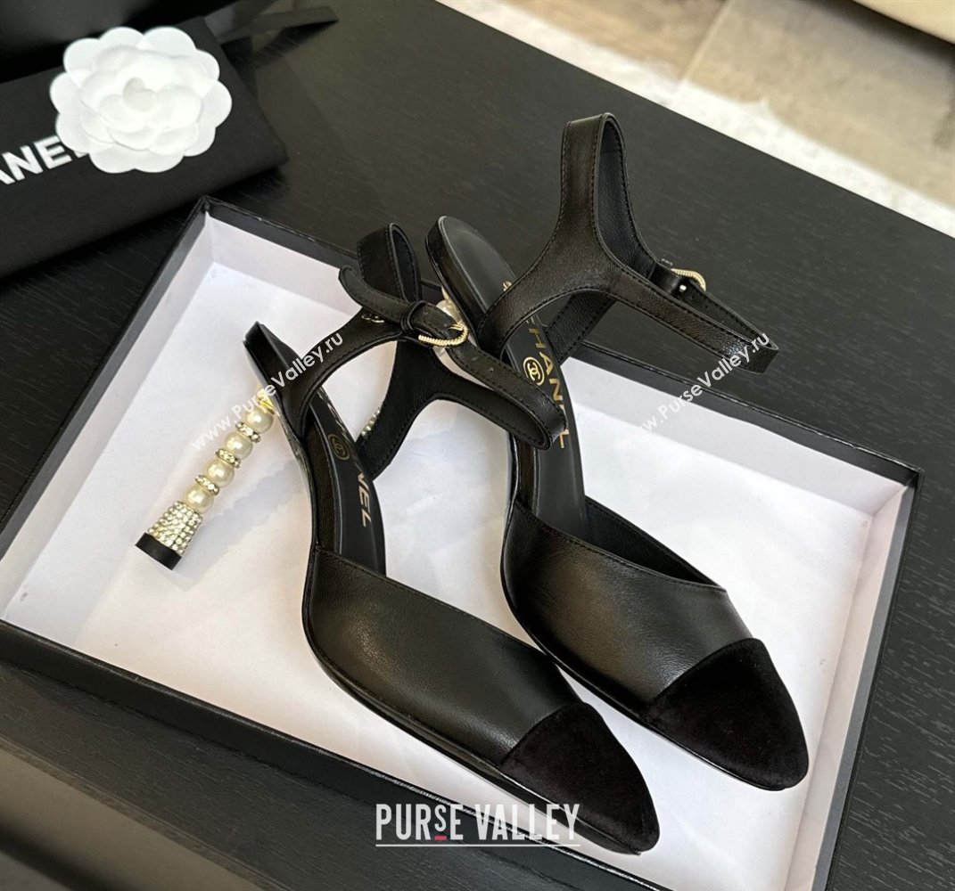 Chanel Calfskin Suede Mary Janes Pump 8.5cm with Pearls Heel Black 2025 CH061009 (MD-250610057)