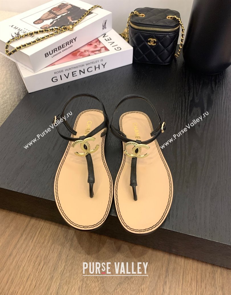 Chanel Calfskin Flat Thong Sandals with CC Black 2025 CH061011 (MD-250610065)