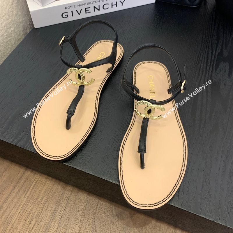 Chanel Calfskin Flat Thong Sandals with CC Black 2025 CH061011 (MD-250610065)