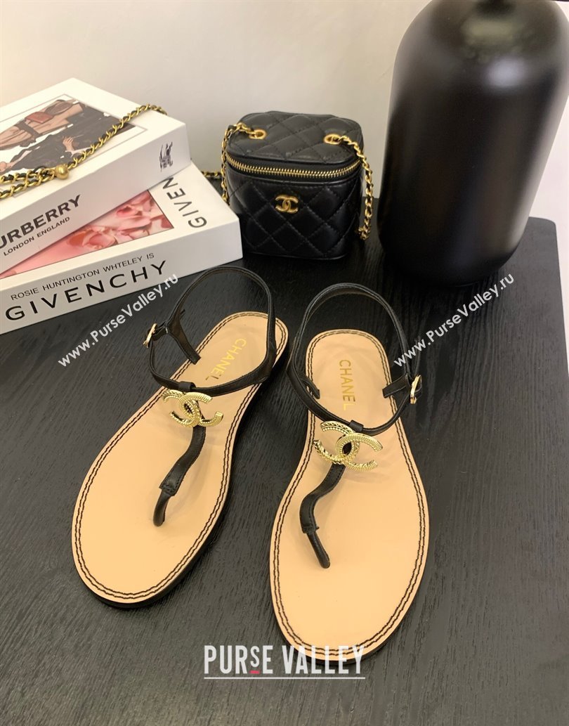 Chanel Calfskin Flat Thong Sandals with CC Black 2025 CH061011 (MD-250610065)