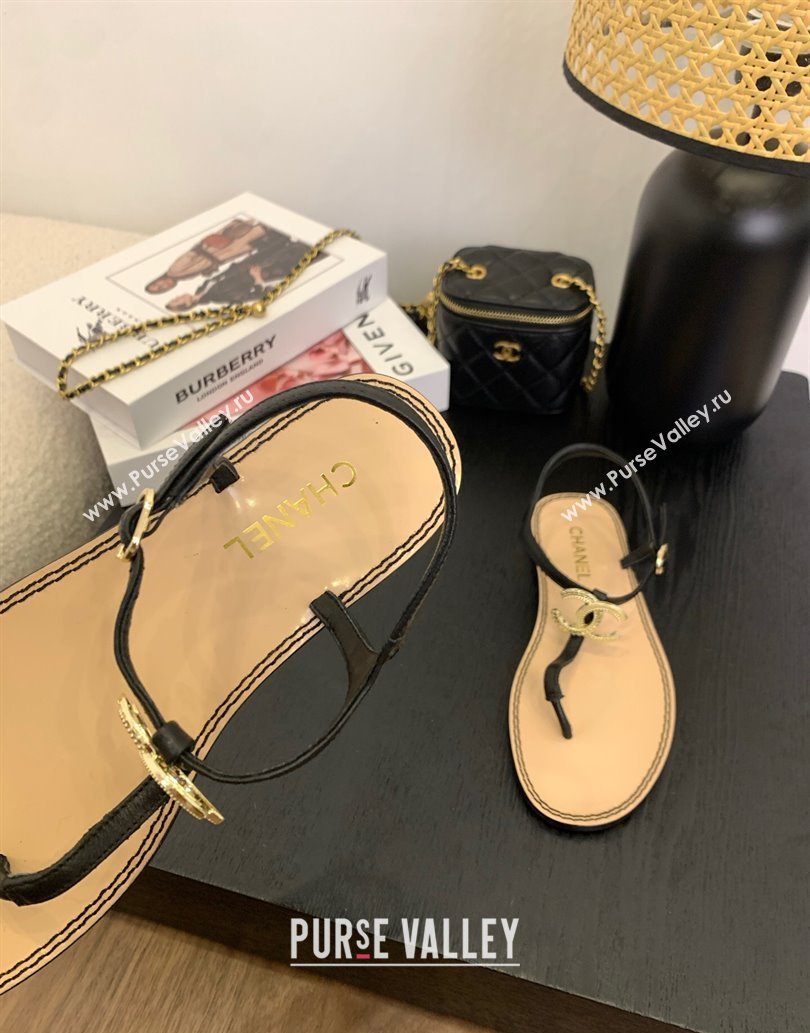 Chanel Calfskin Flat Thong Sandals with CC Black 2025 CH061011 (MD-250610065)