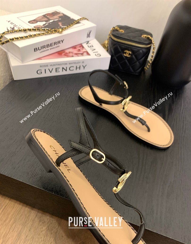 Chanel Calfskin Flat Thong Sandals with CC Black 2025 CH061011 (MD-250610065)