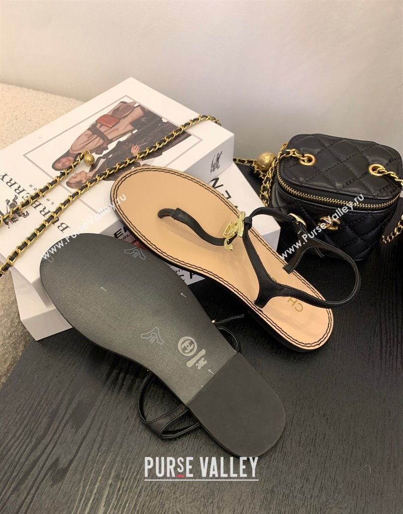 Chanel Calfskin Flat Thong Sandals with CC Black 2025 CH061011 (MD-250610065)
