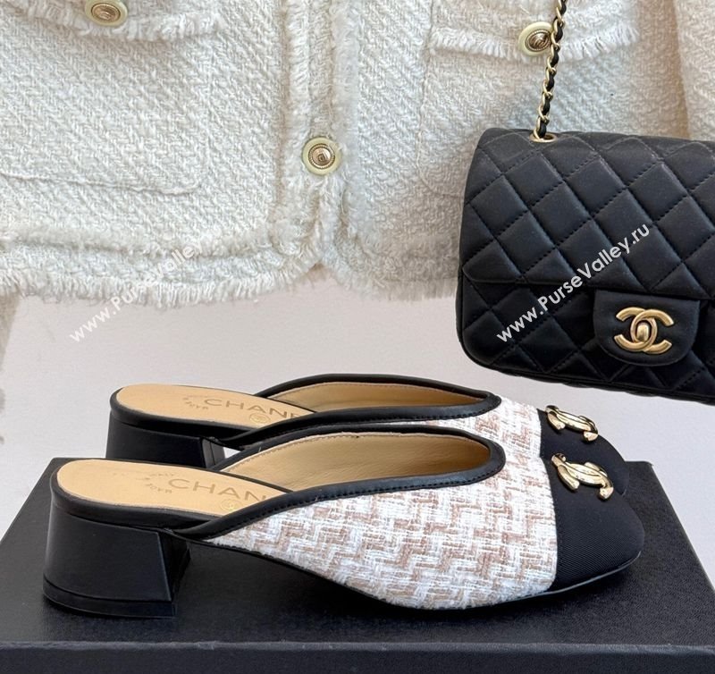 Chanel Tweed Heel Mules White/Black/Brown 2025 CH061014 (MD-250610082)